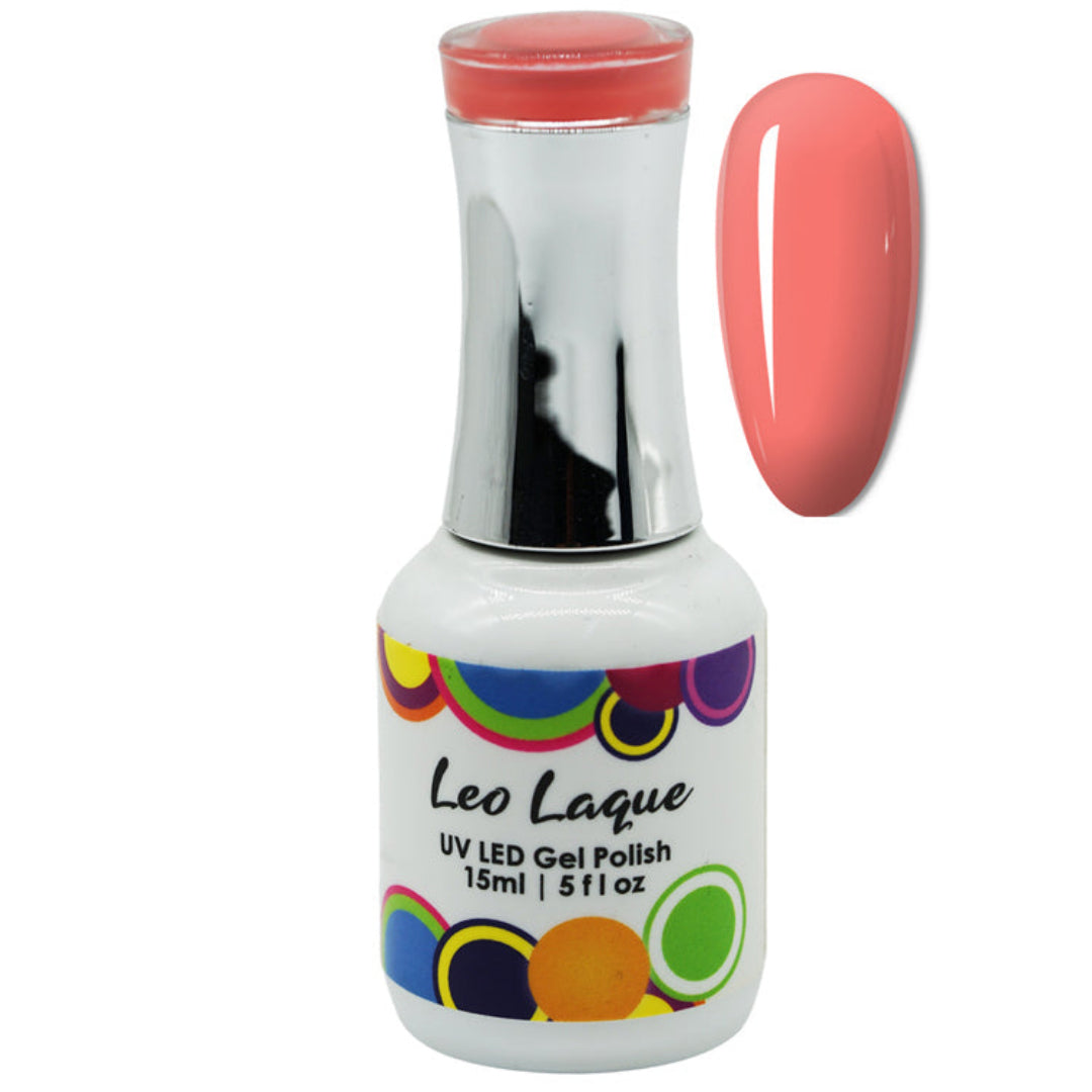 A bottle of Leo Laque UV LED Gel Polish in a coral pink shade, shown alongside a matching nail color swatch on a plain white background.