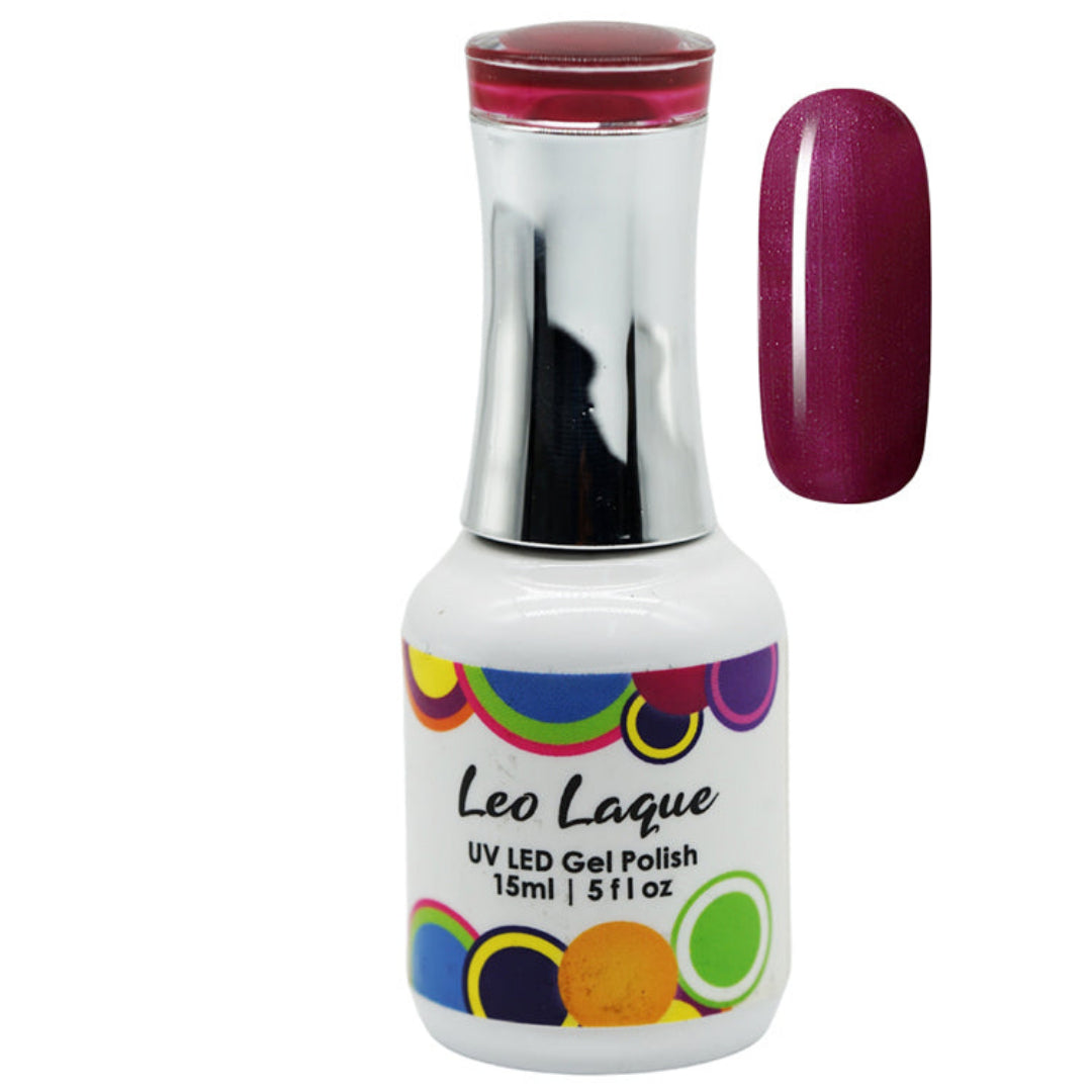 A bottle of Leo Laque UV LED gel polish with a silver cap and a color swatch showing the deep berry purple polish on a white background.