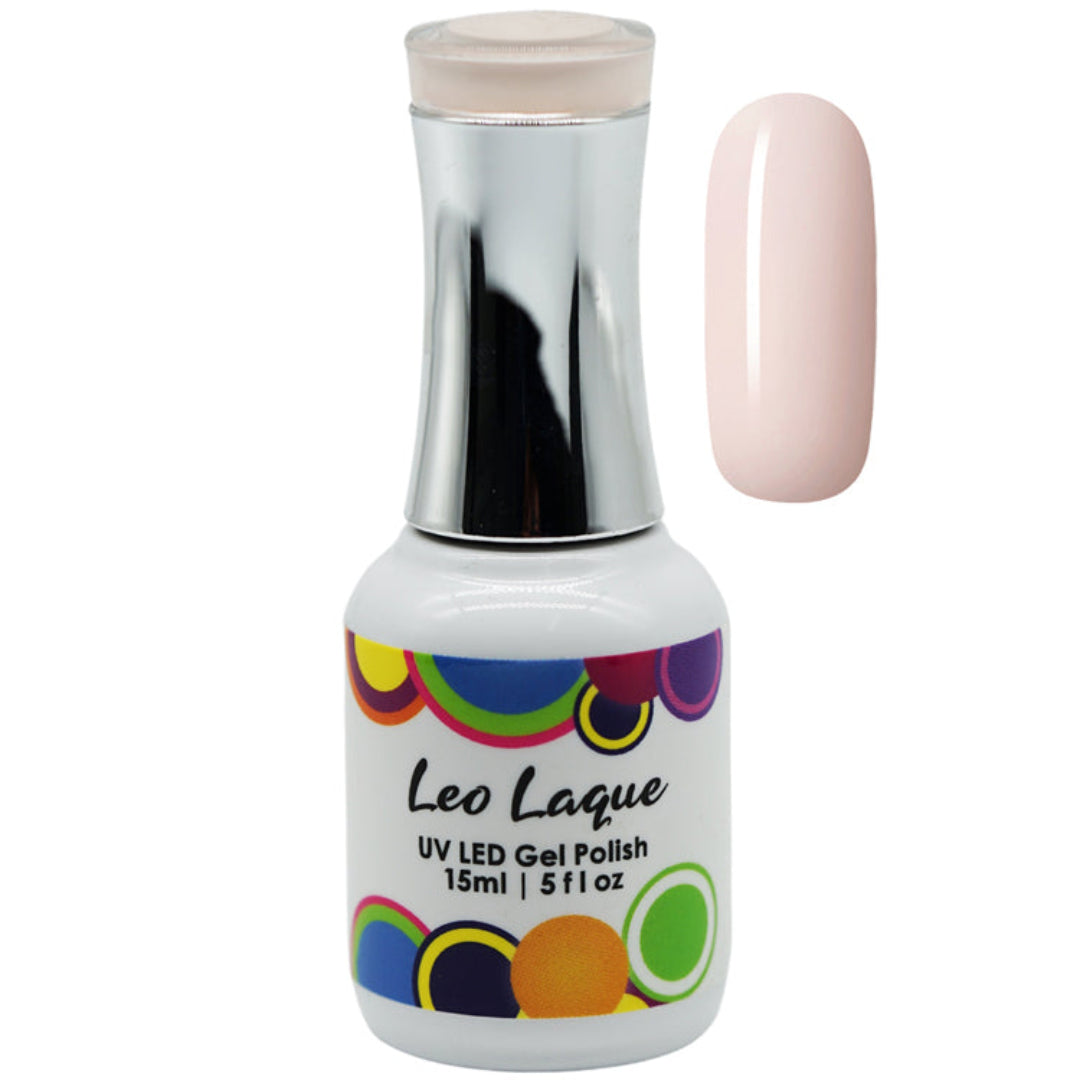 A bottle of Leo Laque UV LED gel nail polish in a very light pink shade, shown alongside a matching oval nail color swatch on a plain white background.