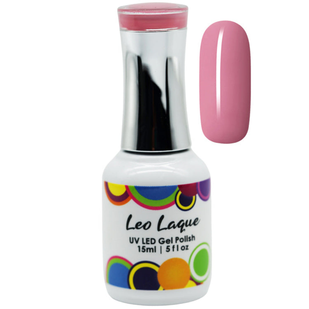 A bottle of Leo Laque UV LED Gel Polish in a light pink shade, shown alongside a matching pink nail swatch on a plain white background.