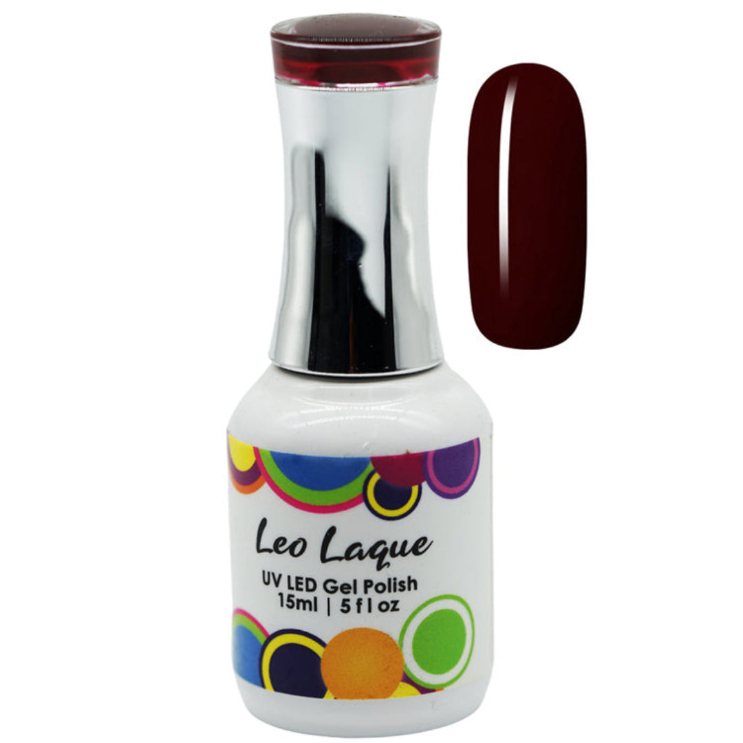 A bottle of Leo Laque UV LED Gel Polish next to a vertical nail swatch showing the deep burgundy color. The bottle is white with a shiny silver cap and a colorful polka-dot pattern on the label.