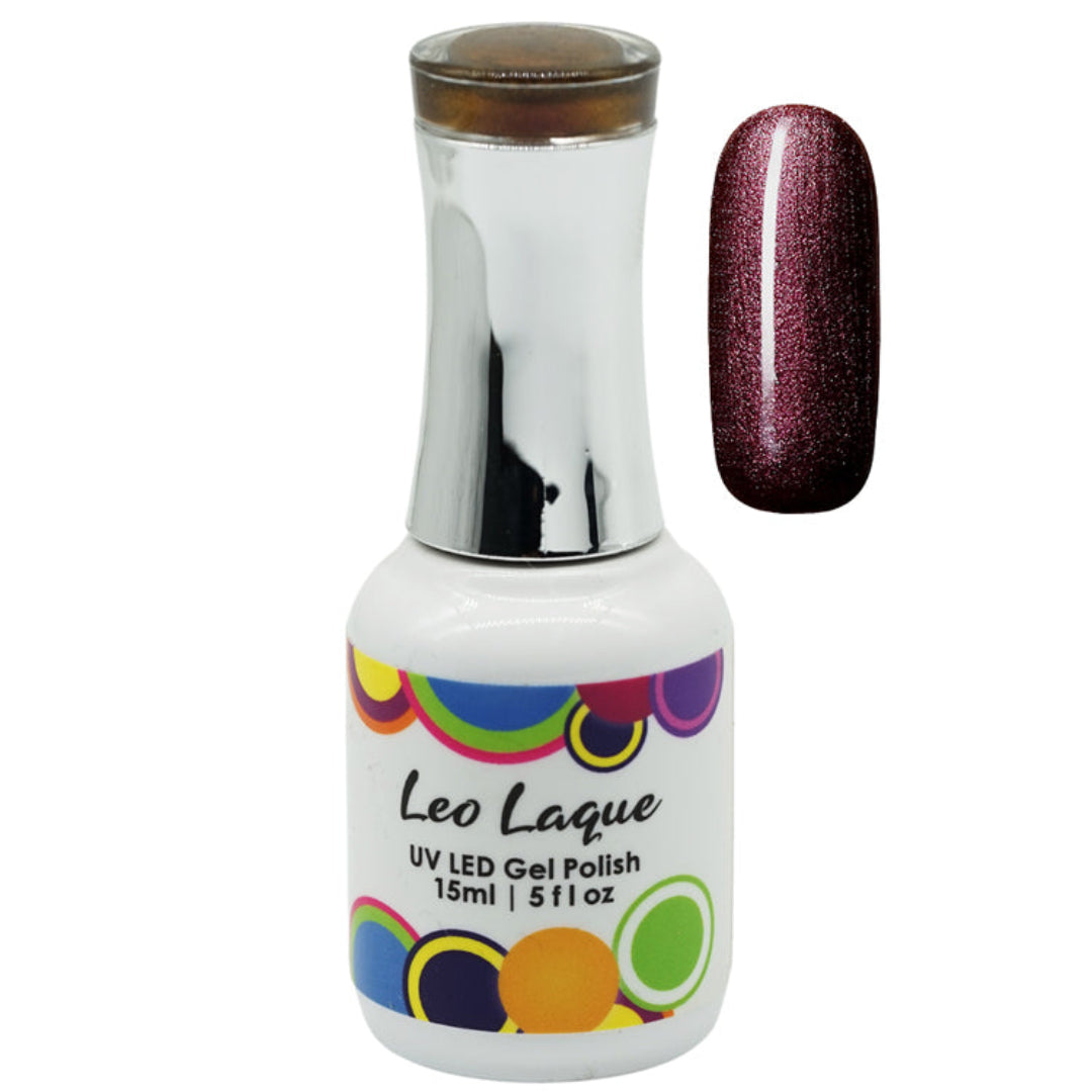 A bottle of Leo Laque UV LED Gel Polish with a silver cap and a color swatch showing a dark metallic plum-purple polish, on a white background.