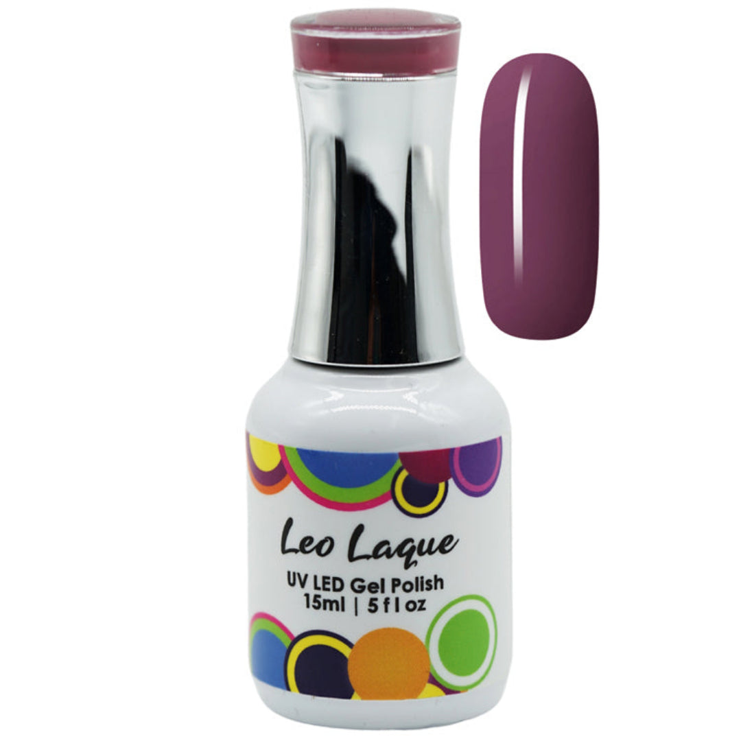 A bottle of Leo Laque UV LED Gel Polish in a deep plum purple shade, shown alongside a matching nail color swatch on a plain white background.
