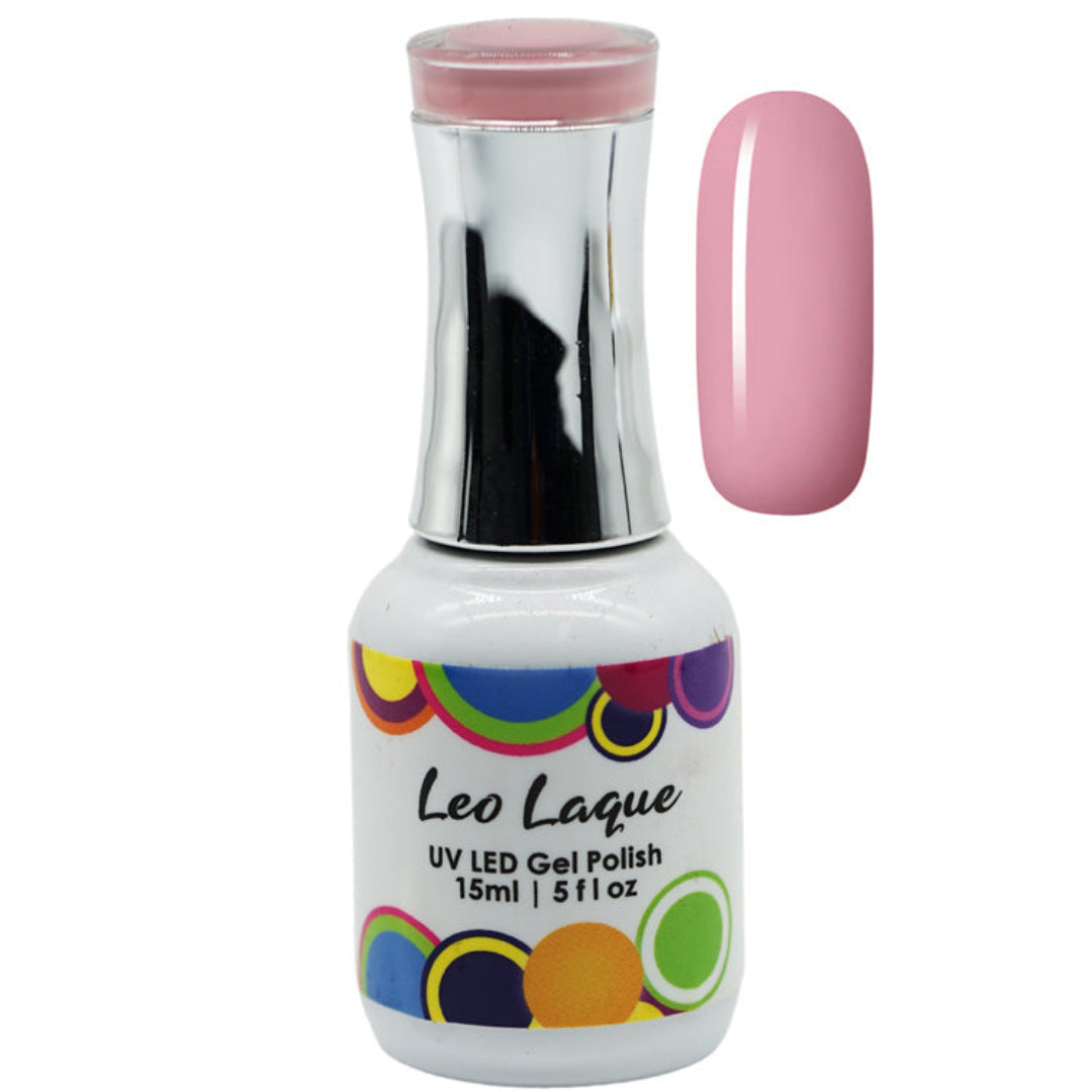 A bottle of Leo Laque UV LED Gel Polish in a light pink shade, shown alongside a matching pink nail swatch on a plain white background.