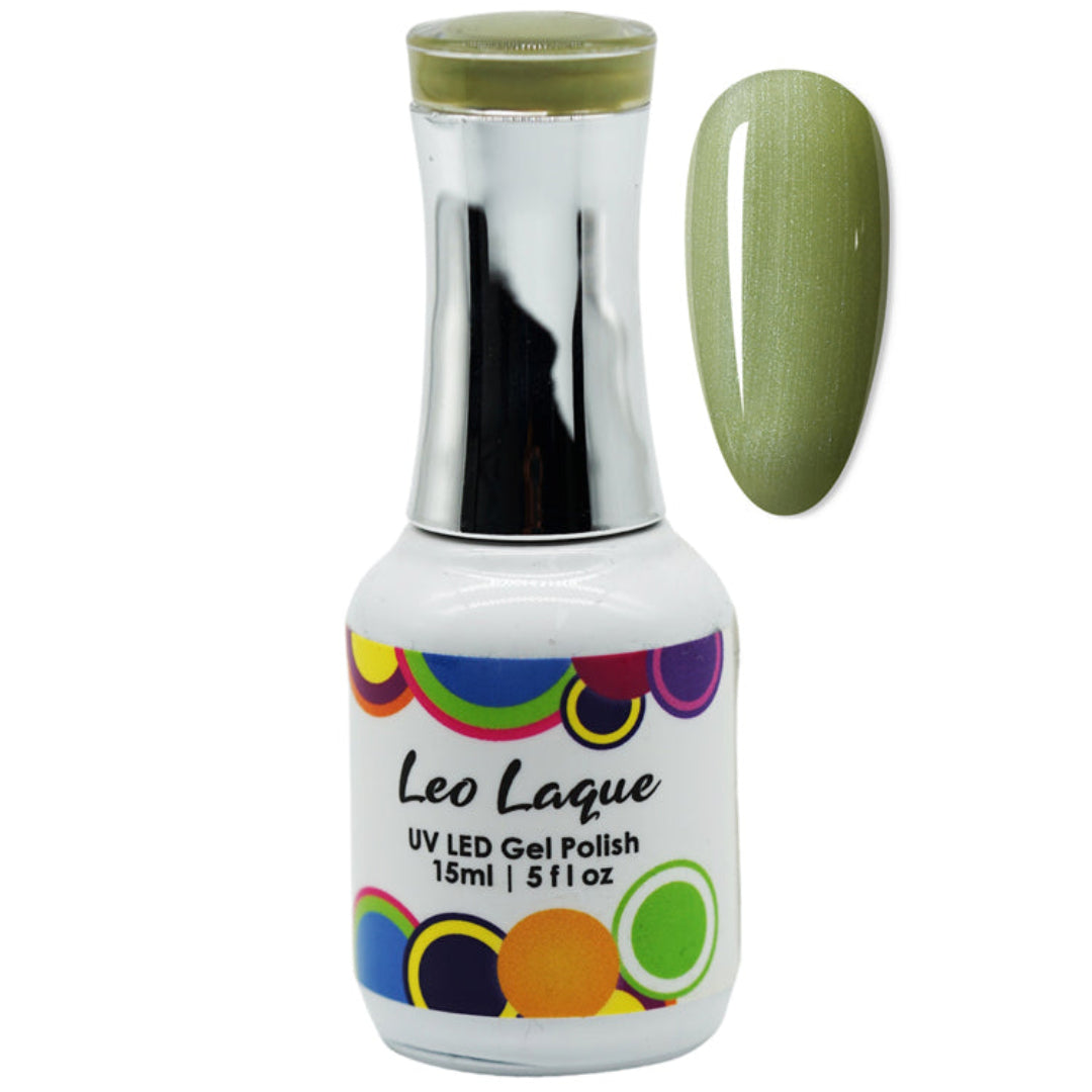 A bottle of Leo Laque UV LED gel nail polish in a light olive green shade, shown alongside a matching green swatch on a white background.