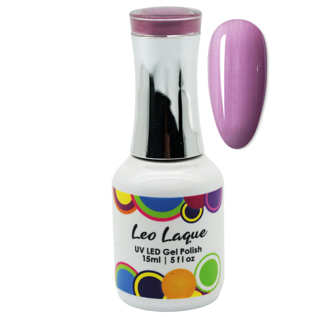 A bottle of Leo Laque UV LED Gel Polish in a light purple shade, shown next to a matching glossy nail swatch on a plain white background.
