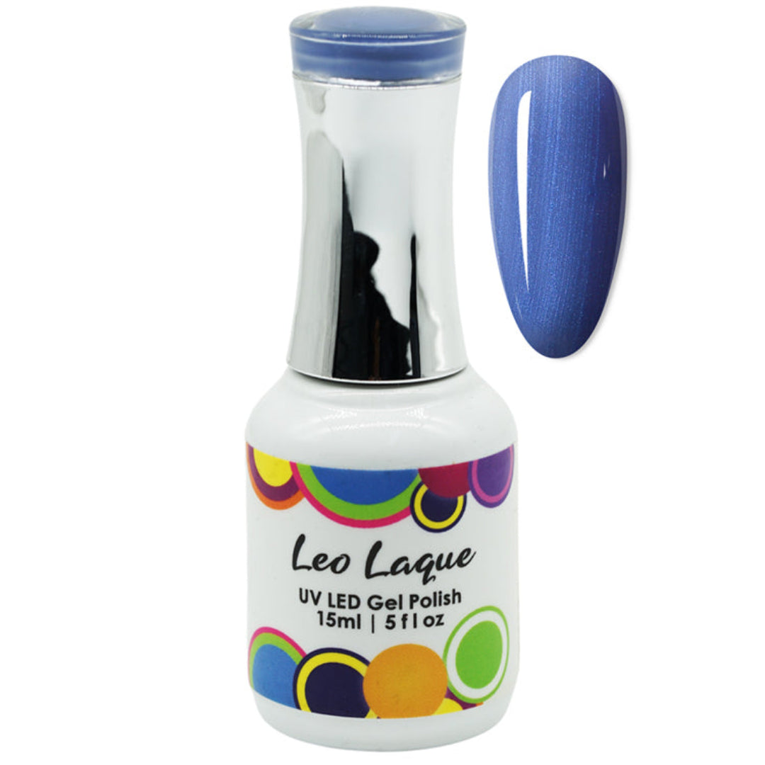 A bottle of Leo Laque UV LED gel nail polish with a metallic silver cap and a blue swatch showing the polish color, on a white background.