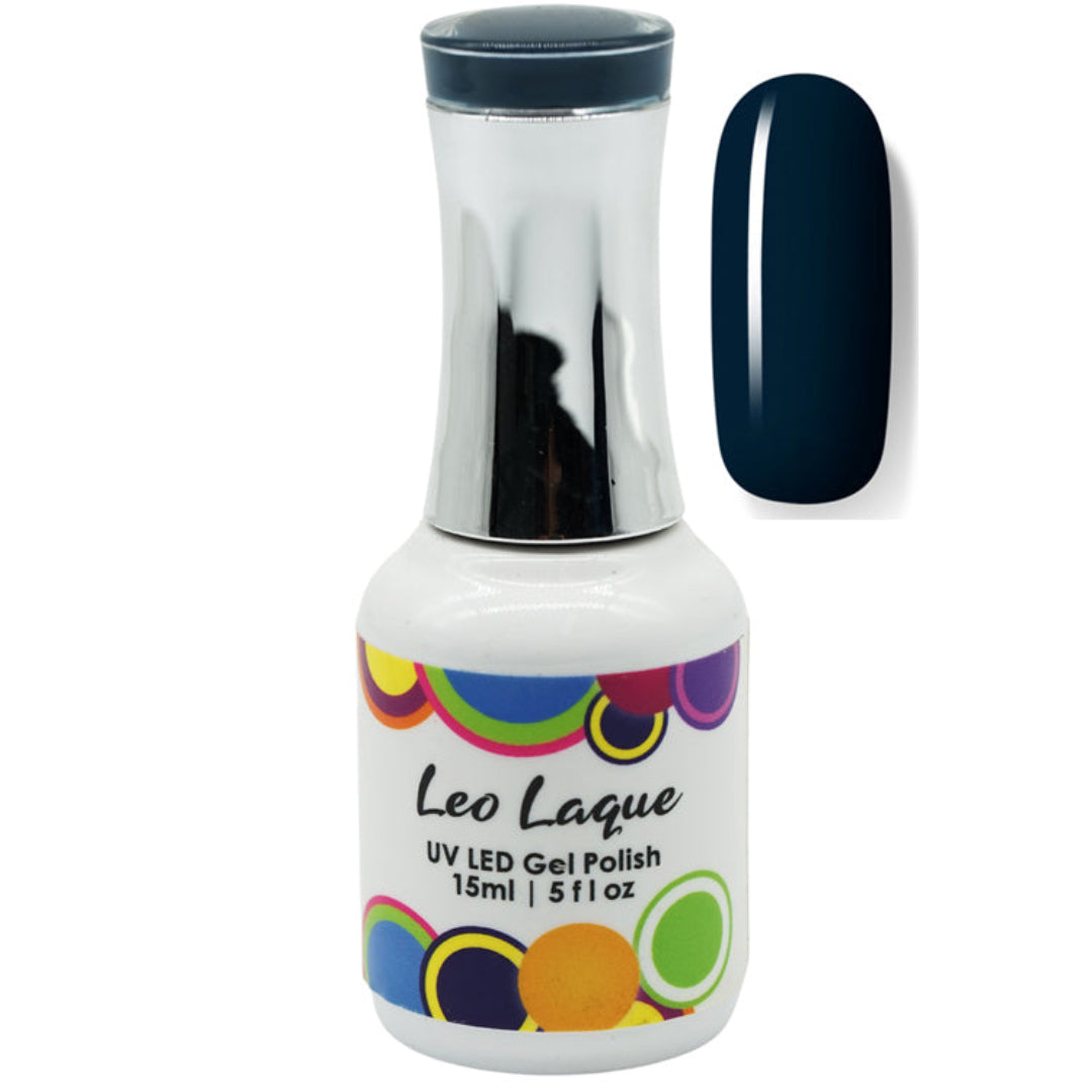 A bottle of Leo Laque UV LED Gel Polish with a dark navy blue swatch shown next to it on a white background.