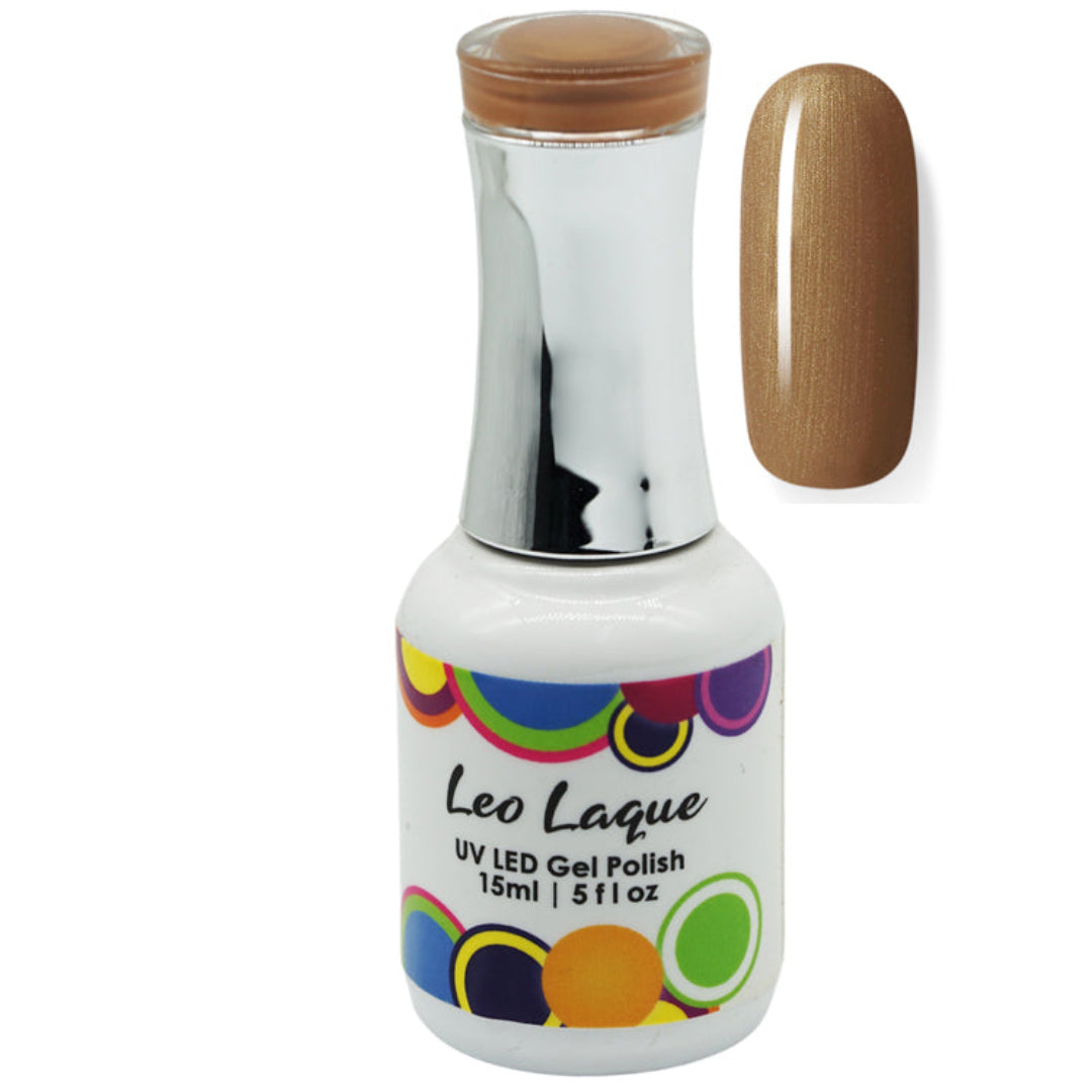 A bottle of Leo Laque UV LED Gel Polish in a warm tan shade, shown next to a matching nail color swatch on a plain white background.