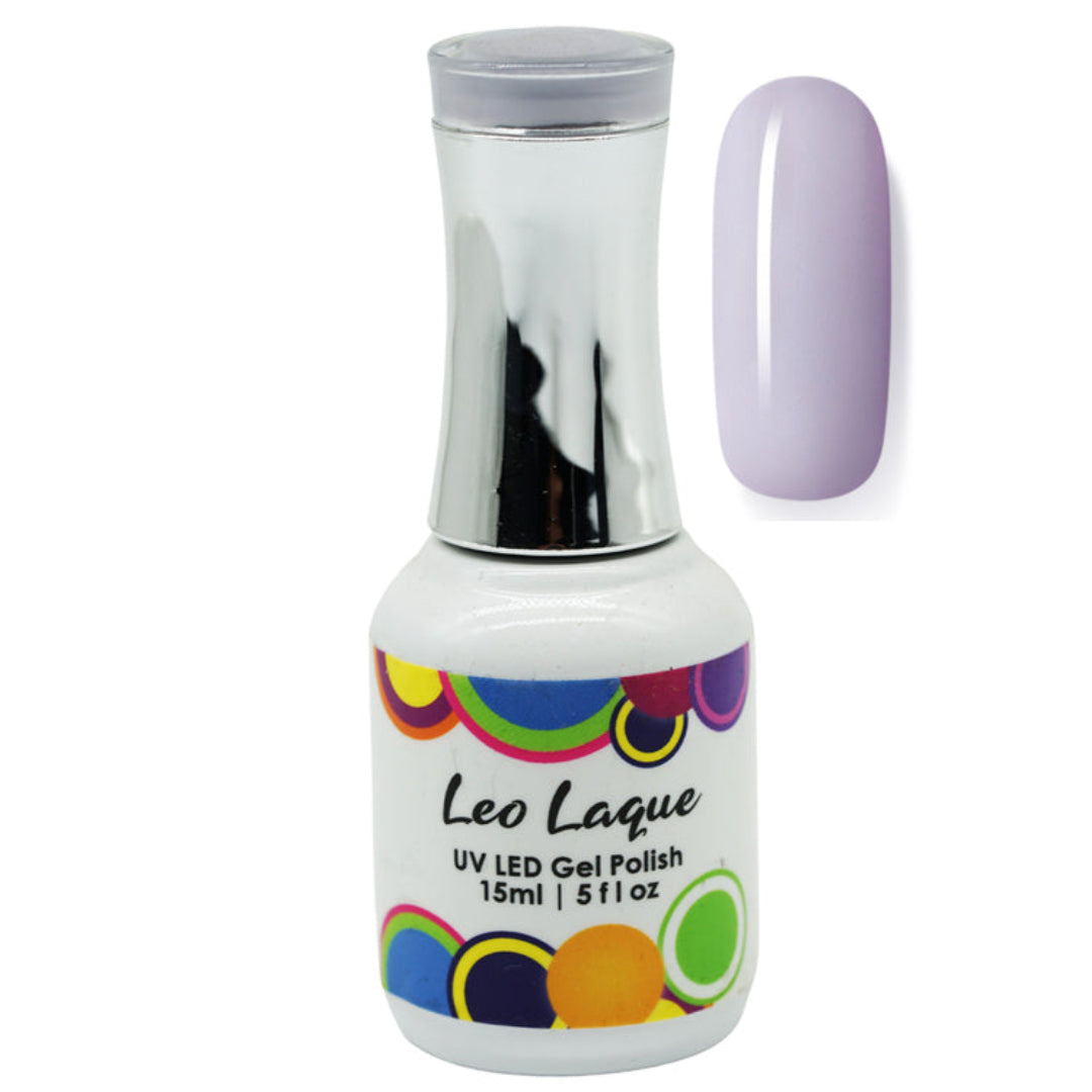 A bottle of Leo Laque UV LED Gel Polish in a light lavender shade, shown next to a matching oval nail color swatch on a white background.