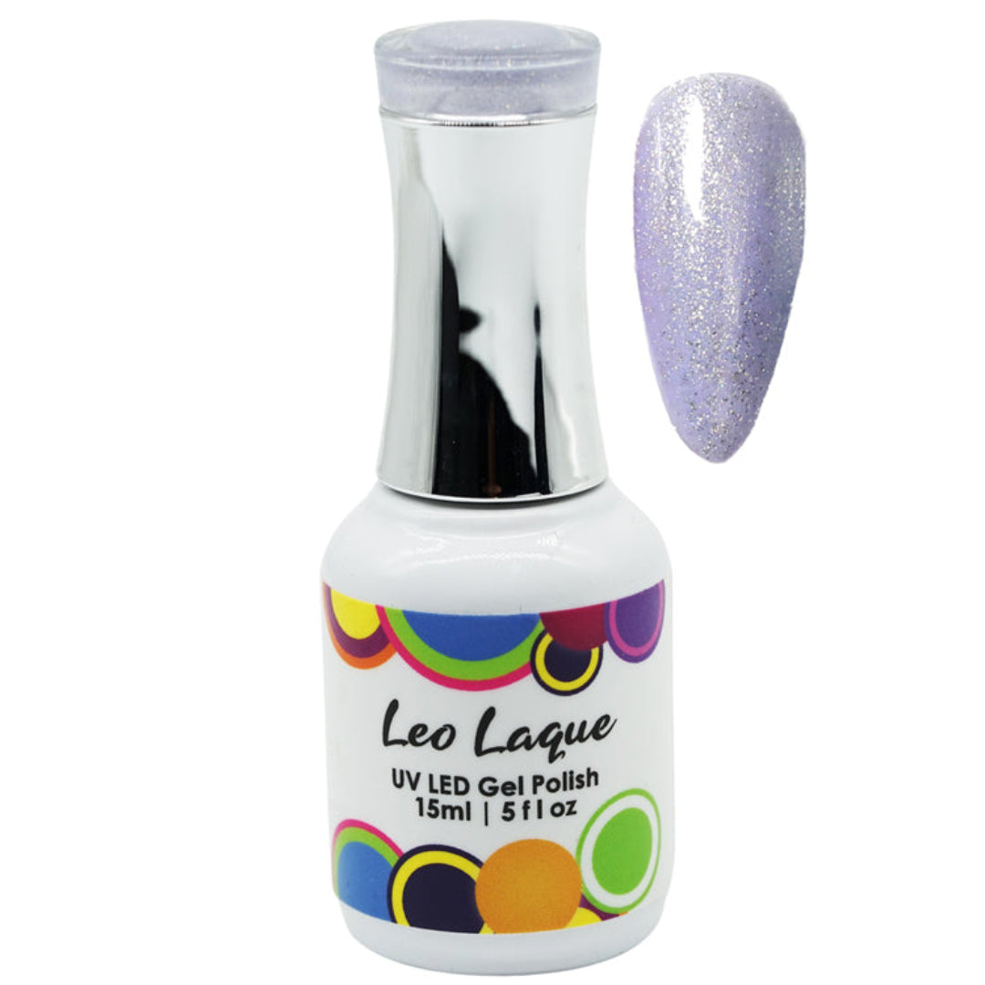 A bottle of Leo Laque UV LED gel polish with a silver cap and a matching lavender glitter nail swatch shown next to it on a white background.