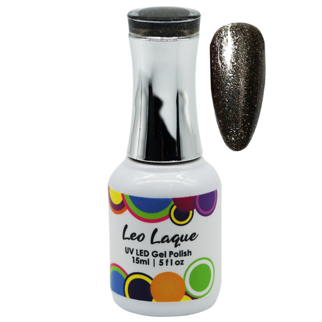A bottle of Leo Laque UV LED Gel Polish with a metallic dark brown glitter swatch shown next to it on a white background.