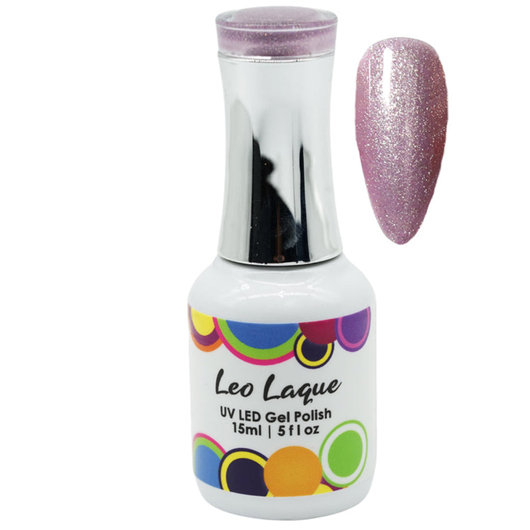 A bottle of Leo Laque UV LED Gel Polish with a silver cap and a color swatch showing a sparkling lavender-pink glitter shade, set against a plain white background.
