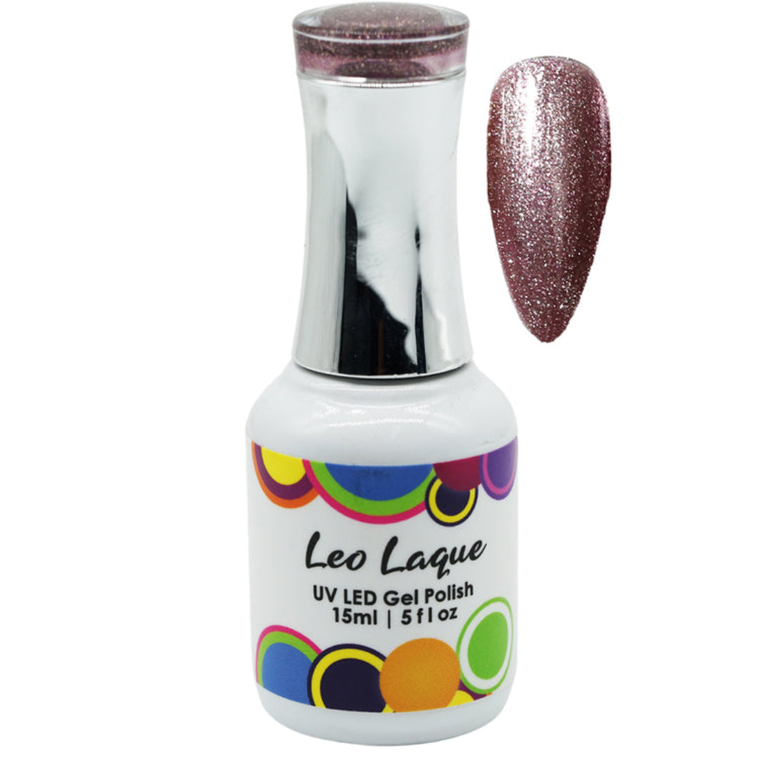 A bottle of Leo Laque UV LED gel polish with a silver cap and a color swatch showing a glittery metallic plum-brown shade, set against a plain white background.