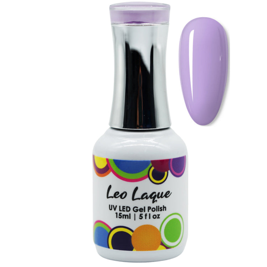 A bottle of Leo Laque UV LED Gel Polish in a light purple shade, shown alongside a matching glossy nail swatch on a plain white background.