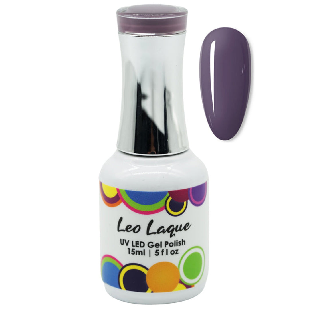 A bottle of Leo Laque UV LED Gel Polish in a dark purple shade, shown alongside a matching oval nail color swatch on a plain white background.