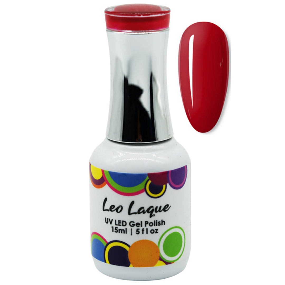 A bottle of Leo Laque UV LED Gel Polish in a vibrant red shade, shown alongside a matching red nail swatch on a plain white background.