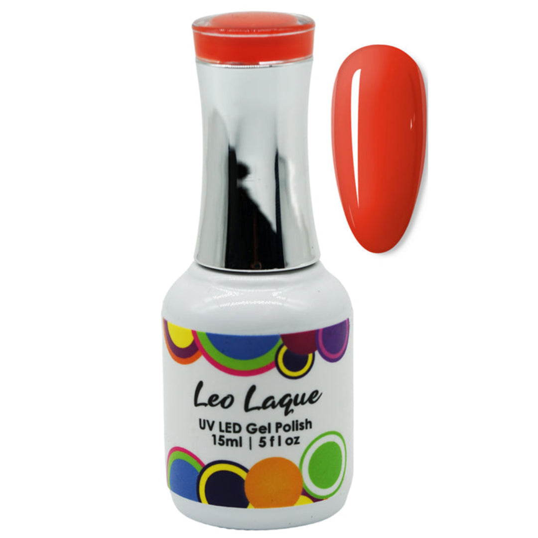 A bottle of Leo Laque UV LED gel nail polish in a vibrant orange-red shade, shown alongside a matching glossy nail color swatch on a plain white background.