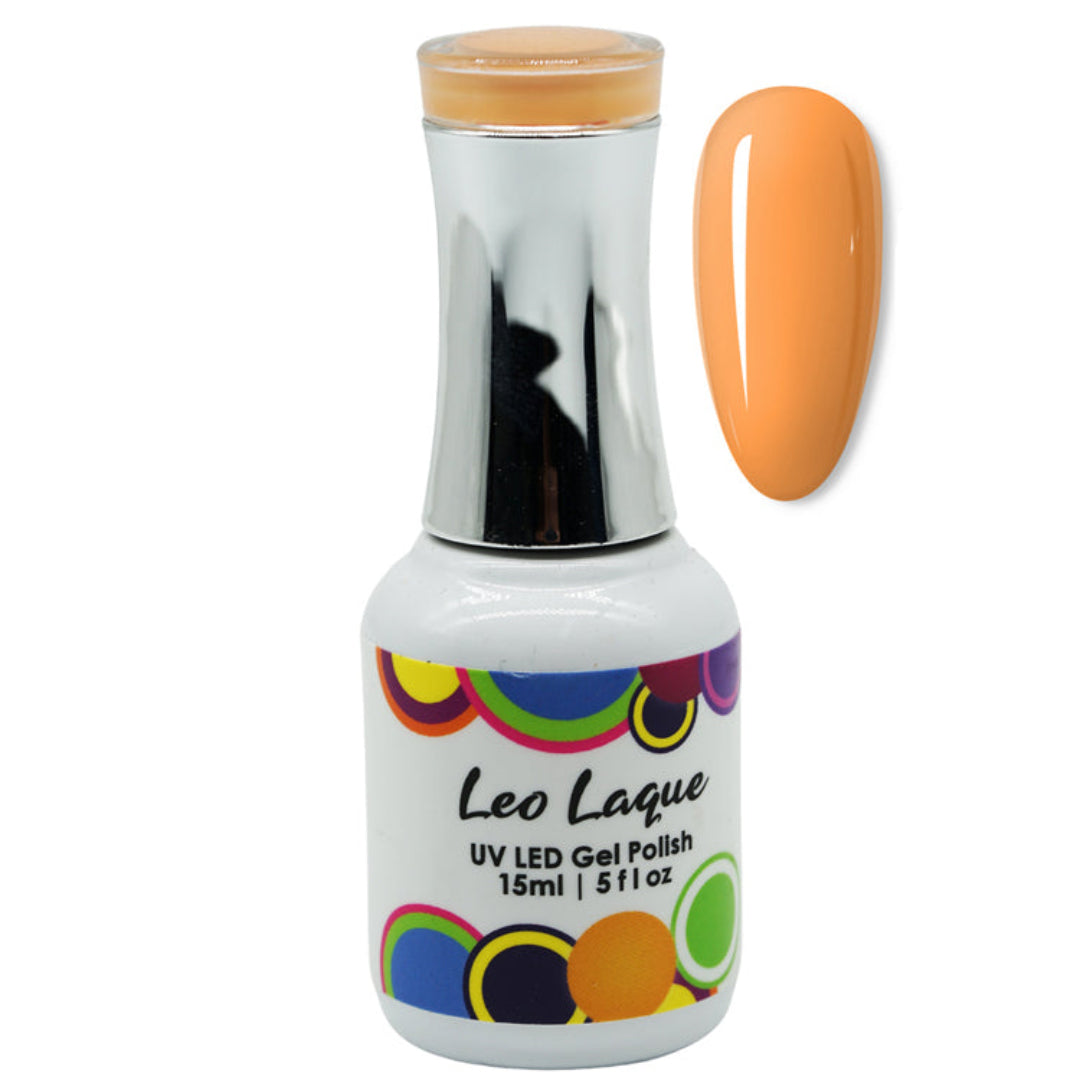 A bottle of Leo Laque UV LED Gel Polish in a bright orange shade, shown next to a matching orange nail swatch on a plain white background.