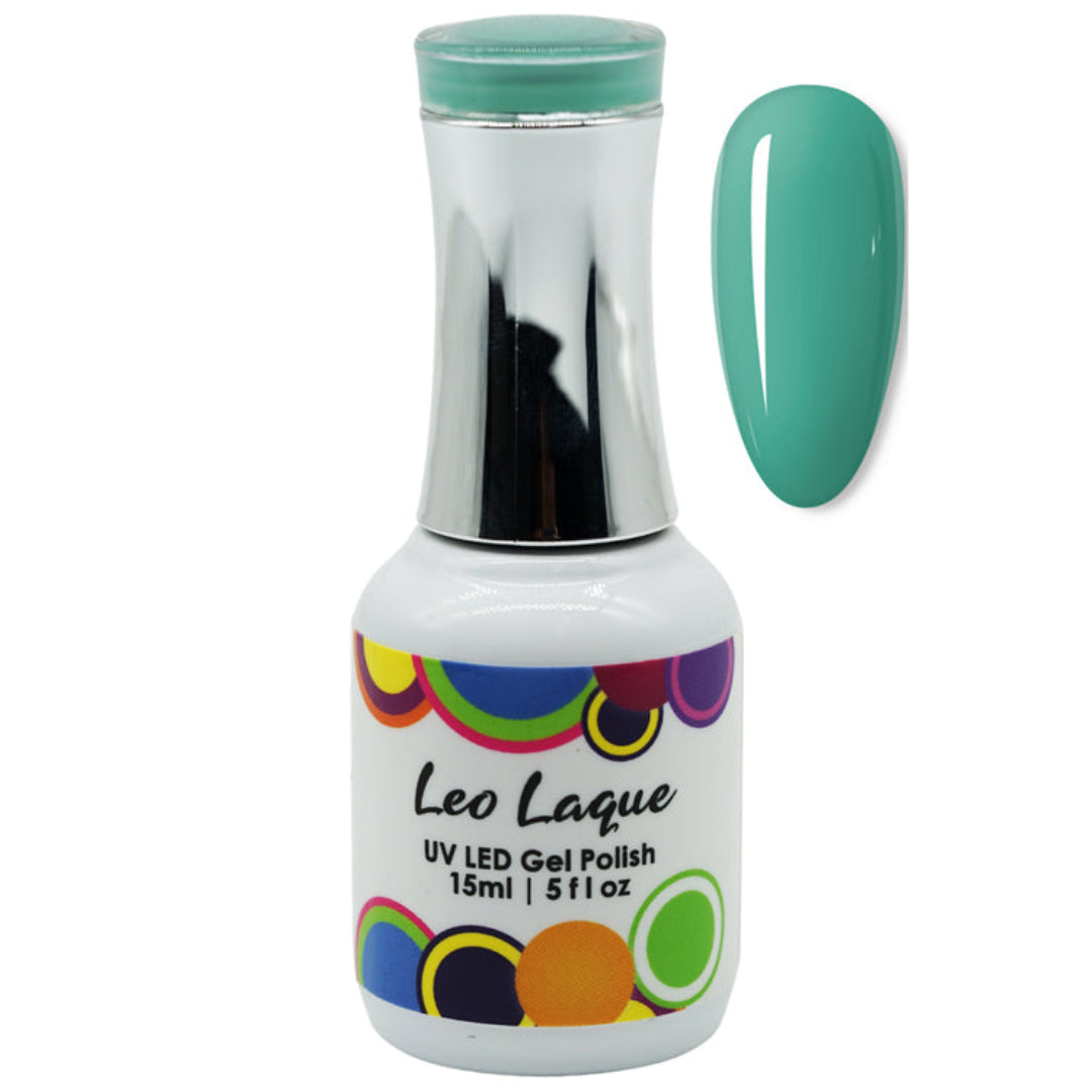 A bottle of Leo Laque UV LED Gel Polish in a mint green shade, shown alongside a matching nail color swatch on a plain white background.