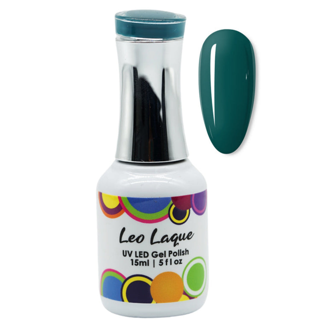 A bottle of Leo Laque UV LED Gel Polish in a deep teal green shade, shown alongside a matching glossy nail swatch on a plain white background.