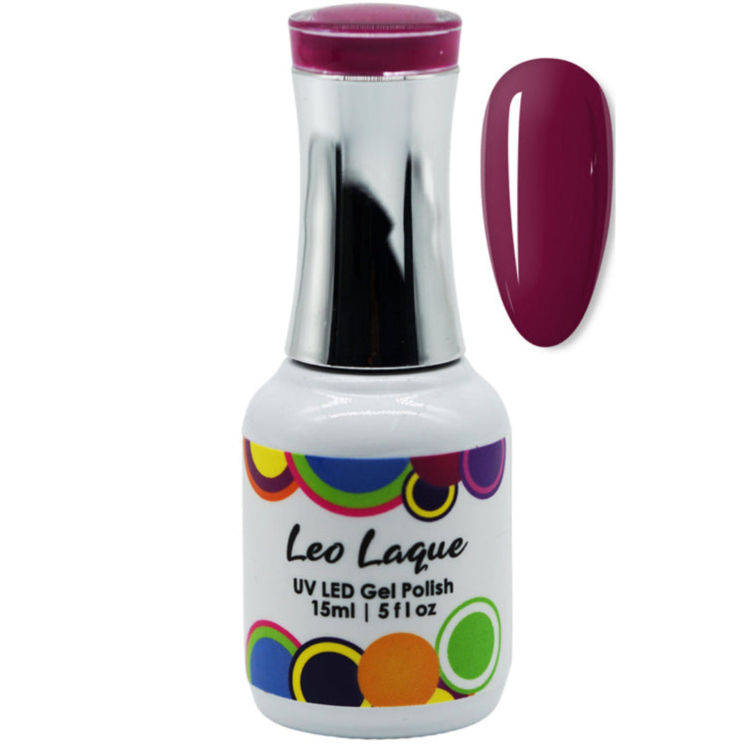 A bottle of Leo Laque UV LED Gel Polish in a deep berry purple shade, shown alongside a matching oval nail color swatch on a plain white background.