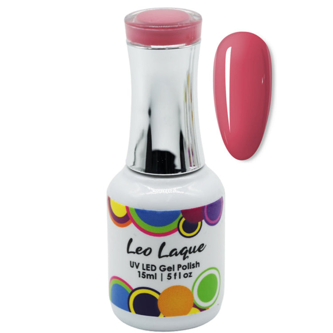 A bottle of Leo Laque UV LED Gel Polish with a metallic silver neck and a pink cap, shown next to a vertical oval swatch of the pink gel polish on a white background.