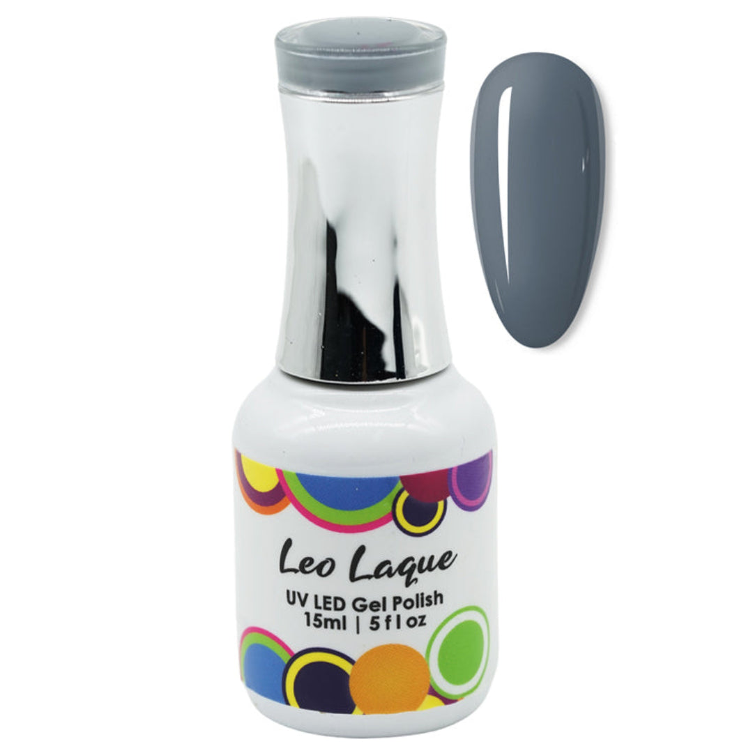 A bottle of Leo Laque UV LED Gel Polish in a dark slate gray shade, shown alongside a matching oval nail swatch on a plain white background.