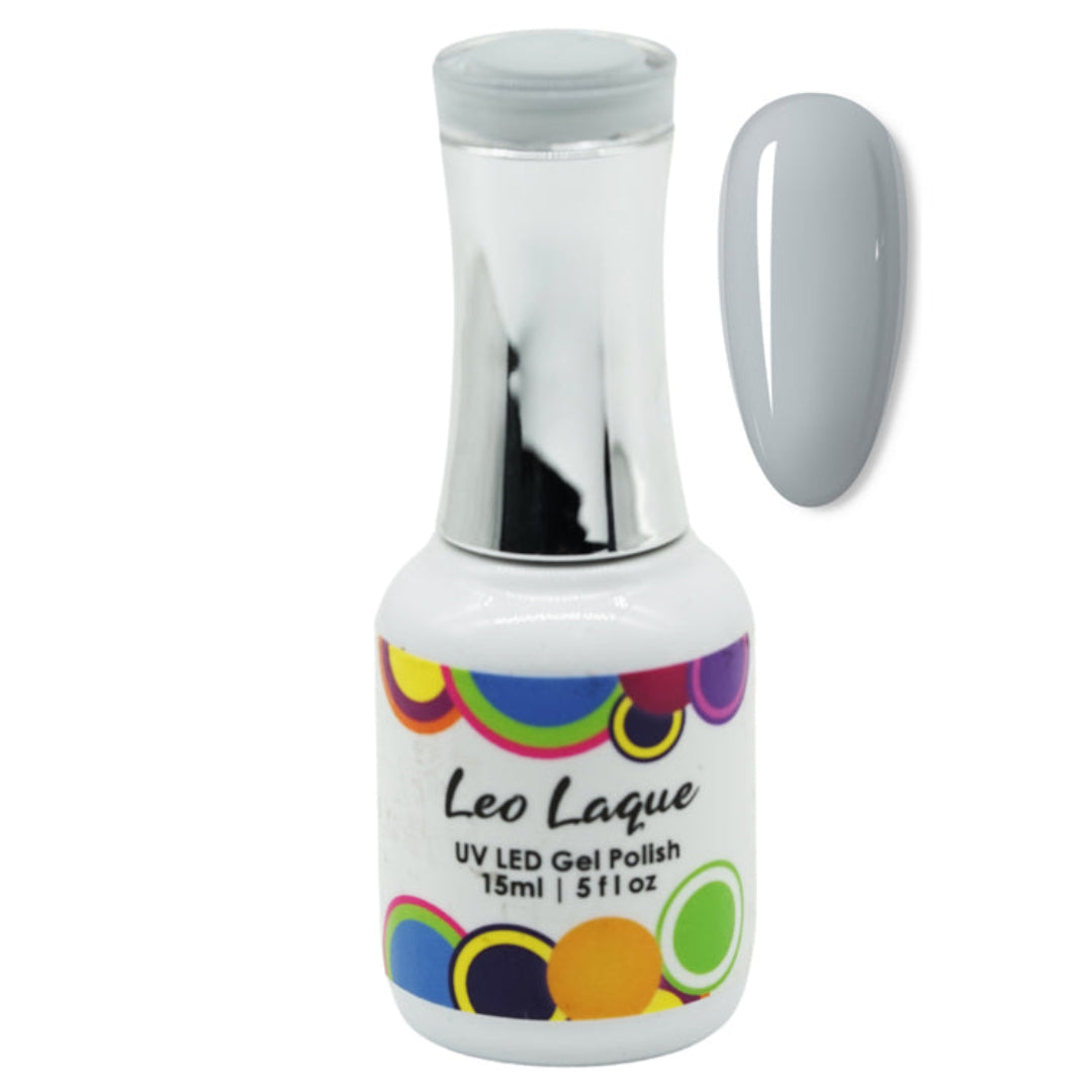 A bottle of Leo Laque UV LED Gel Polish in a light gray shade, shown alongside a matching gray nail swatch on a plain white background.