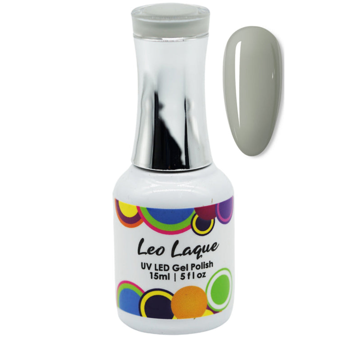 A bottle of Leo Laque UV LED Gel Polish in a light gray shade, shown alongside a matching oval nail swatch on a plain white background.