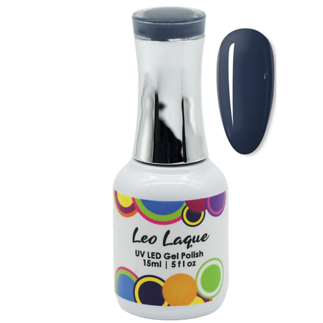 A bottle of Leo Laque UV LED Gel Polish in a dark navy blue shade, shown alongside a matching nail color swatch on a plain white background.
