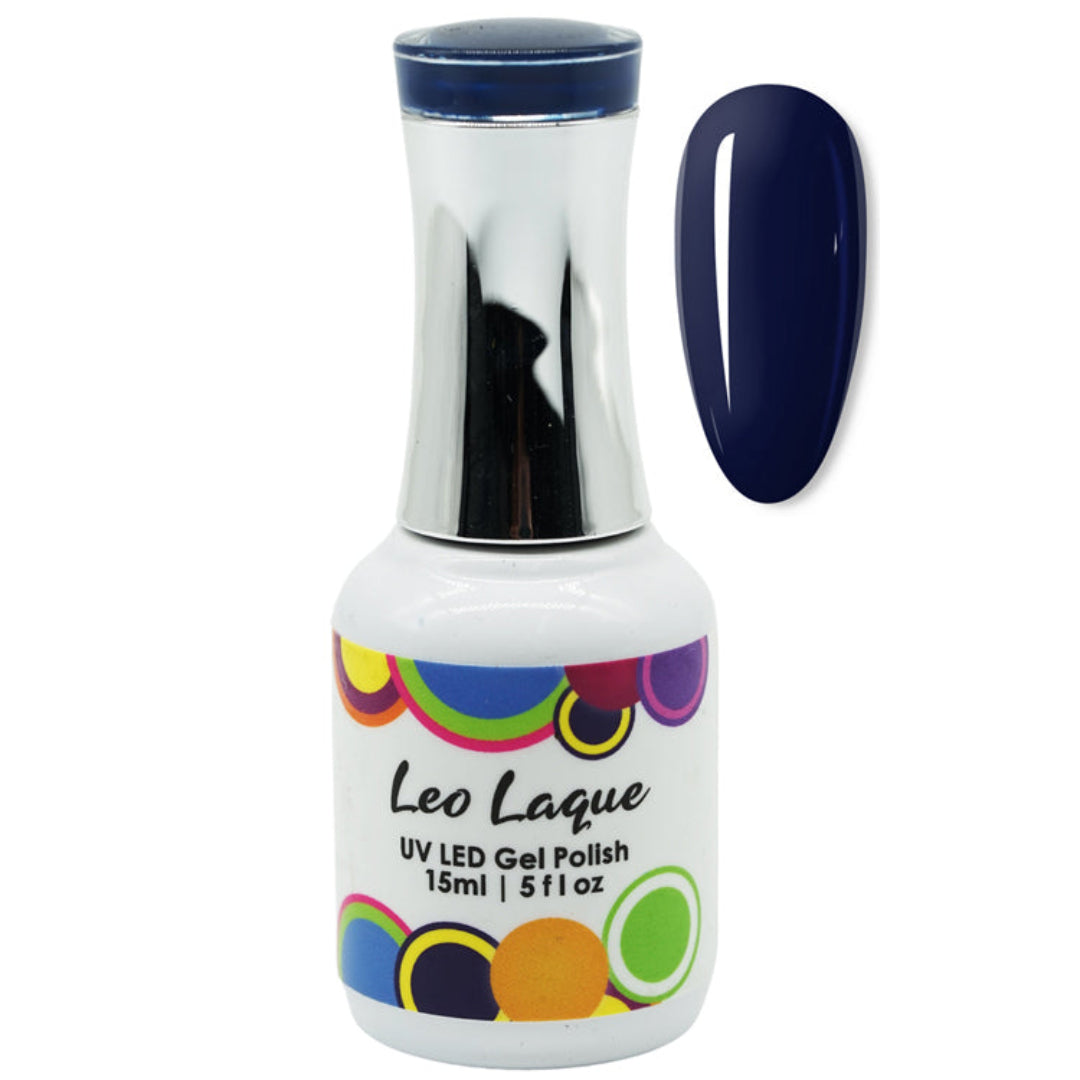A bottle of Leo Laque UV LED Gel Polish in a deep navy blue shade, shown alongside a matching oval nail color swatch on a plain white background.