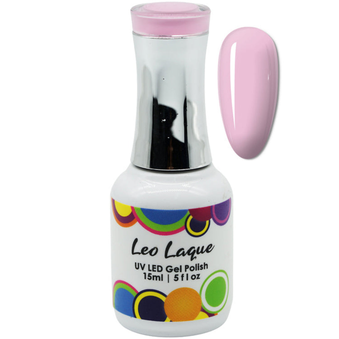 A bottle of Leo Laque UV LED Gel Polish with a pink cap and a matching light pink nail swatch displayed next to it on a white background.