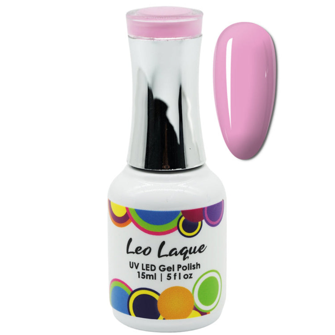A bottle of Leo Laque UV LED Gel Polish with a pink cap and a matching pink nail swatch shown next to it on a white background.