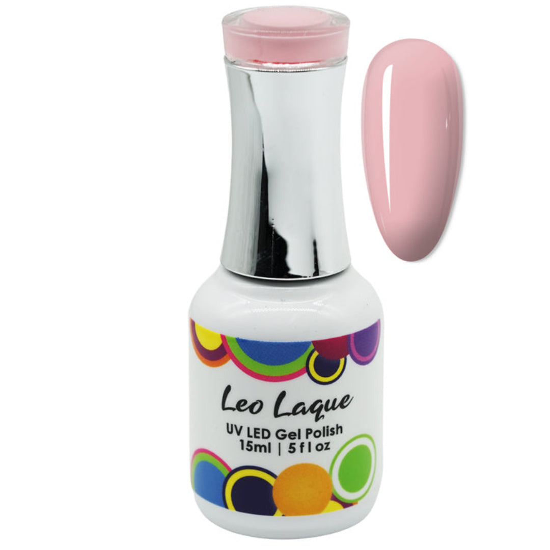 A bottle of Leo Laque UV LED Gel Polish in a light pink shade, shown alongside a matching pink nail swatch on a plain white background.
