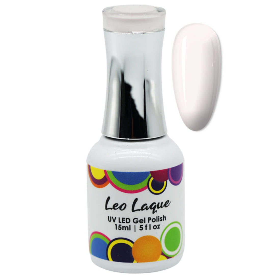 A bottle of Leo Laque UV LED gel nail polish in a white-pink shade, shown alongside a matching oval nail color swatch on a plain white background.