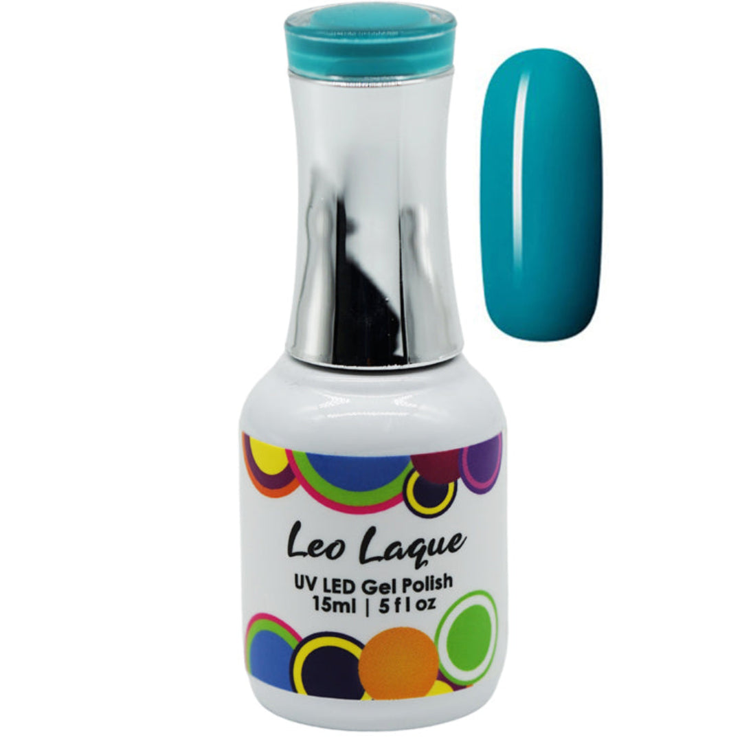 A bottle of Leo Laque UV LED gel nail polish in a vibrant teal blue color, shown alongside a matching oval nail swatch on a plain white background.