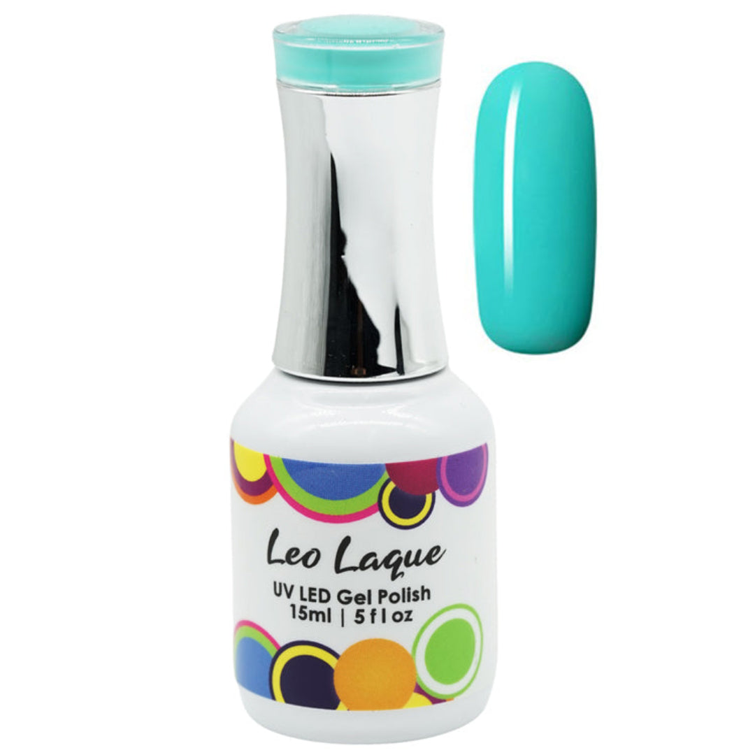 A bottle of Leo Laque UV LED gel polish in a bright turquoise shade, shown alongside a matching nail color swatch on a plain white background.