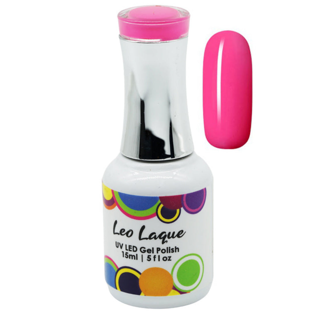 A bottle of Leo Laque UV LED Gel Polish in a vibrant hot pink shade, shown alongside a matching pink nail swatch on a plain white background.