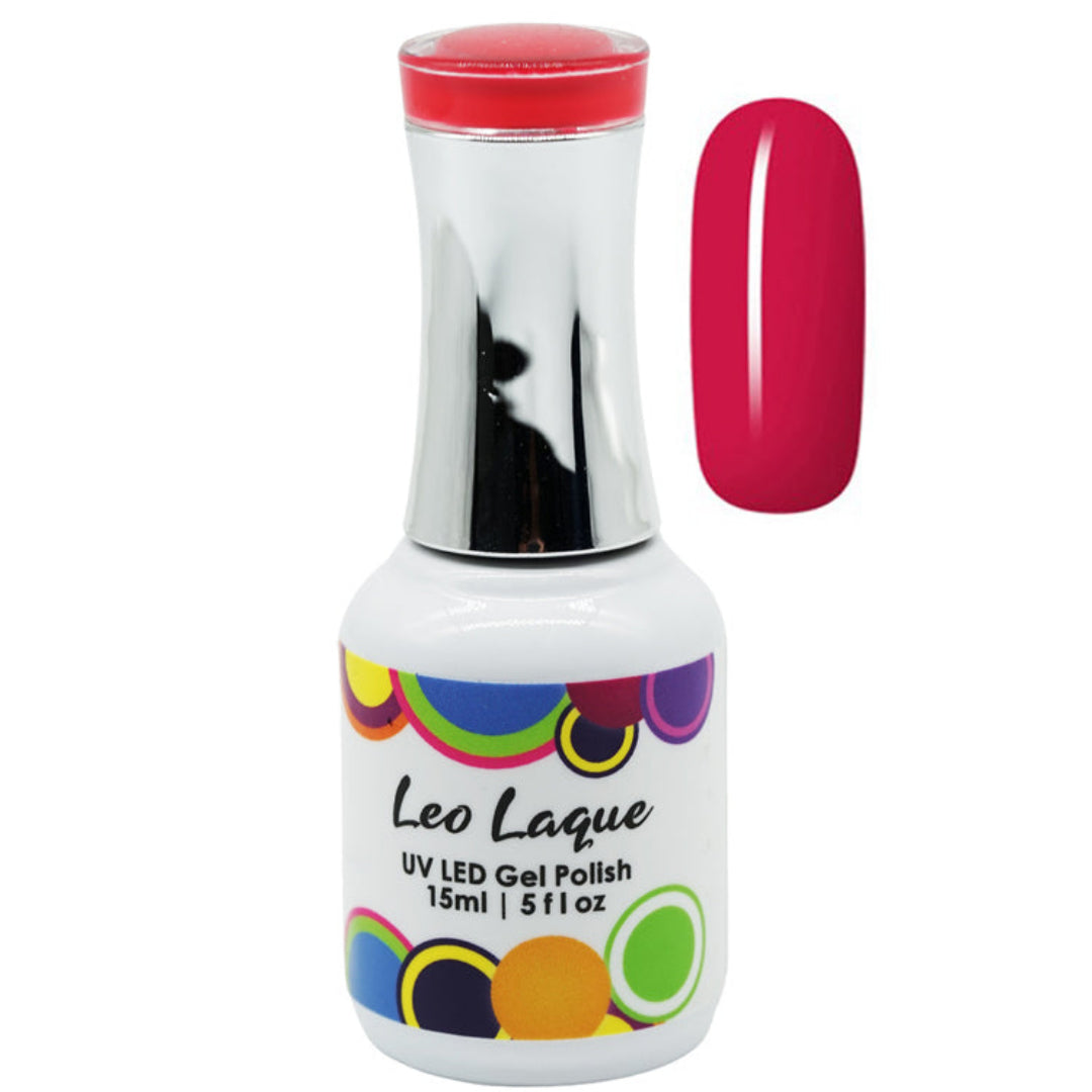 A bottle of Leo Laque UV LED Gel Polish in a bright magenta pink shade, shown alongside a matching nail color swatch on a plain white background.