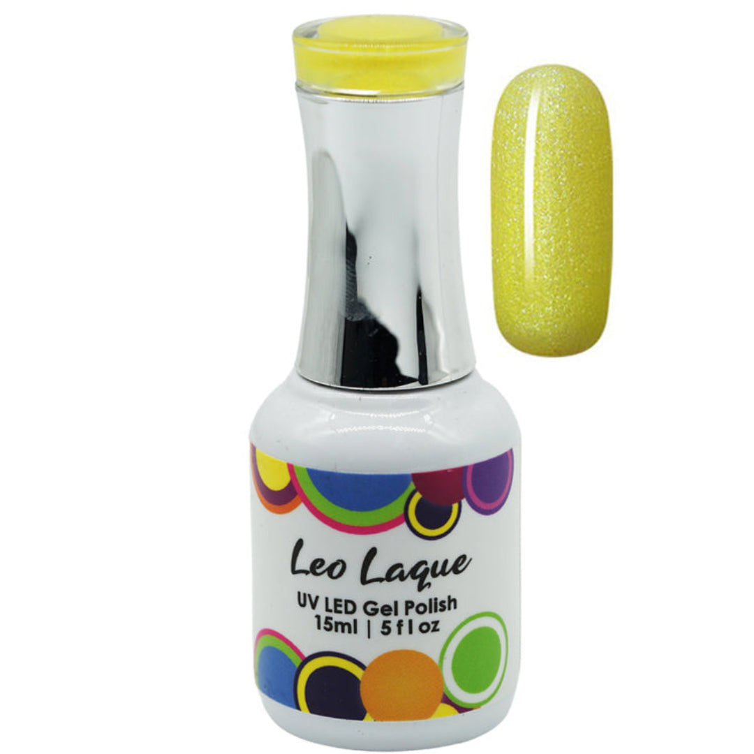 A bottle of Leo Laque UV LED gel nail polish in a bright yellow glitter shade, shown alongside a vertical nail swatch displaying the glittery yellow finish.