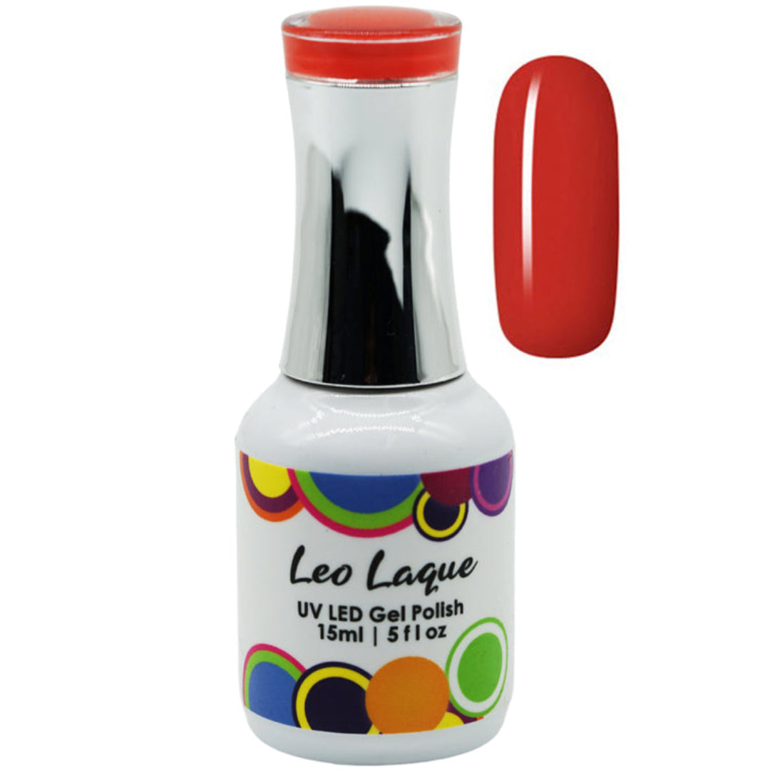 A bottle of Leo Laque UV LED Gel Polish in a vibrant red shade, shown alongside a matching orange-red nail swatch on a plain white background.