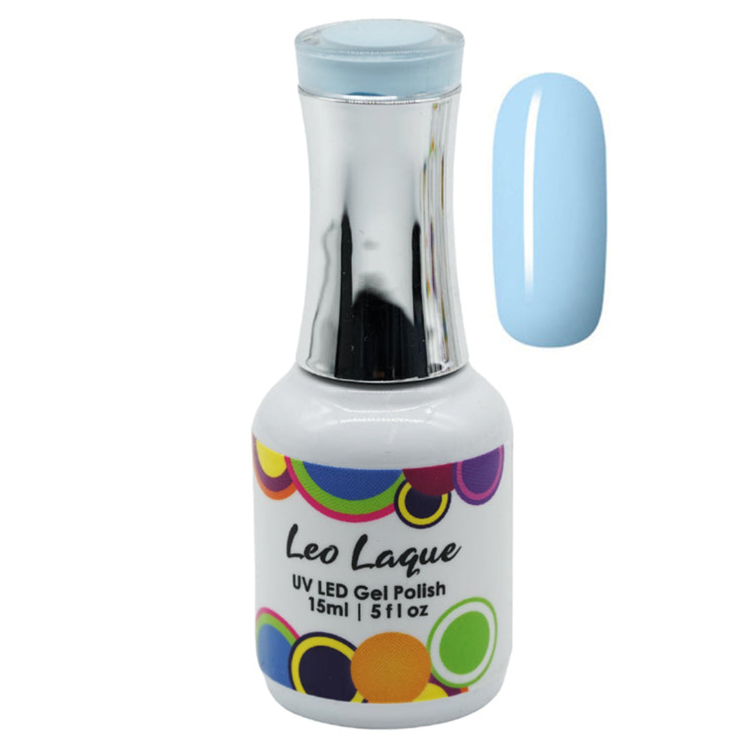 A bottle of Leo Laque UV LED Gel Polish in a light blue shade, shown alongside a matching light blue nail swatch on a plain white background.