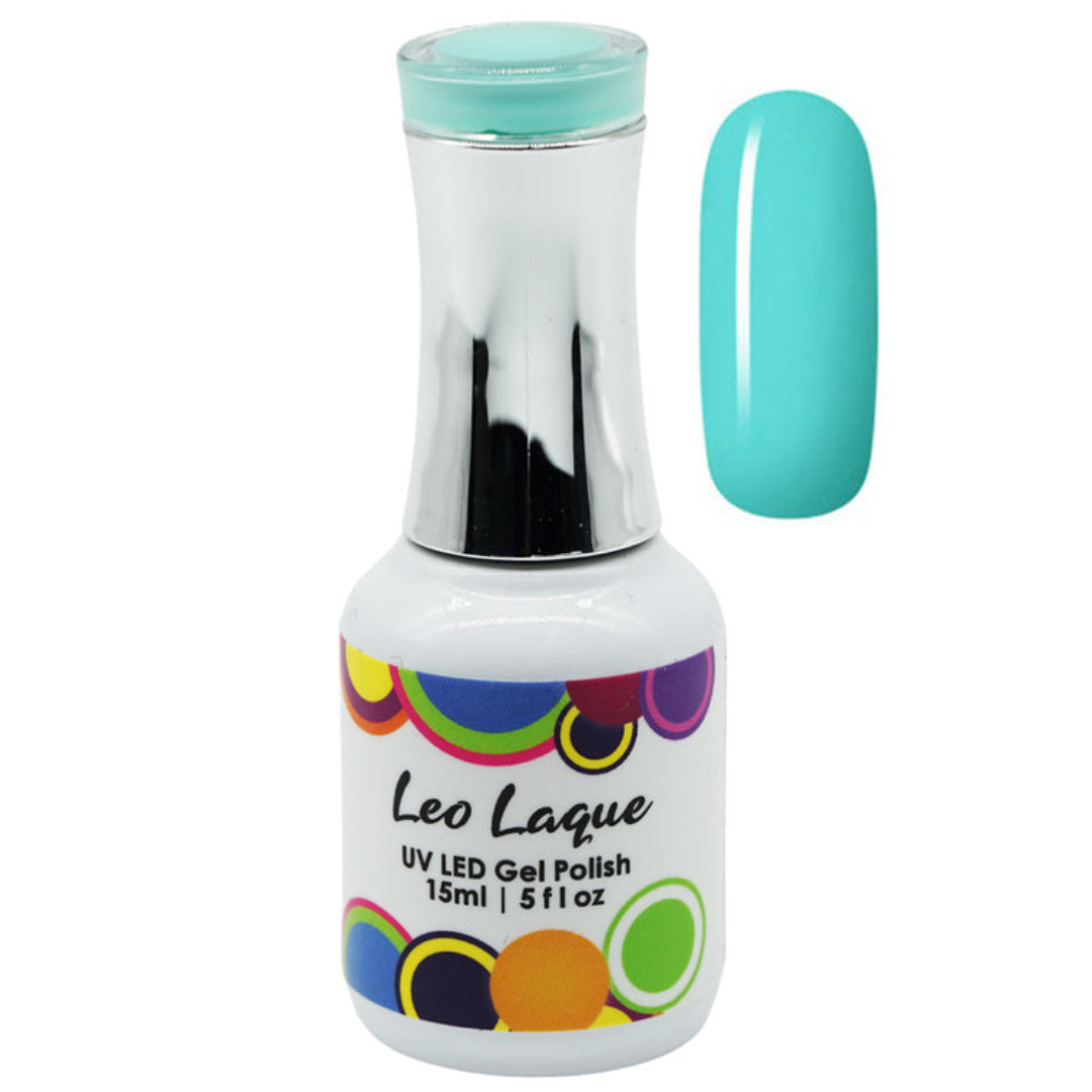 A bottle of Leo Laque UV LED Gel Nail Polish in a bright turquoise shade, shown alongside a matching glossy nail swatch on a plain white background.