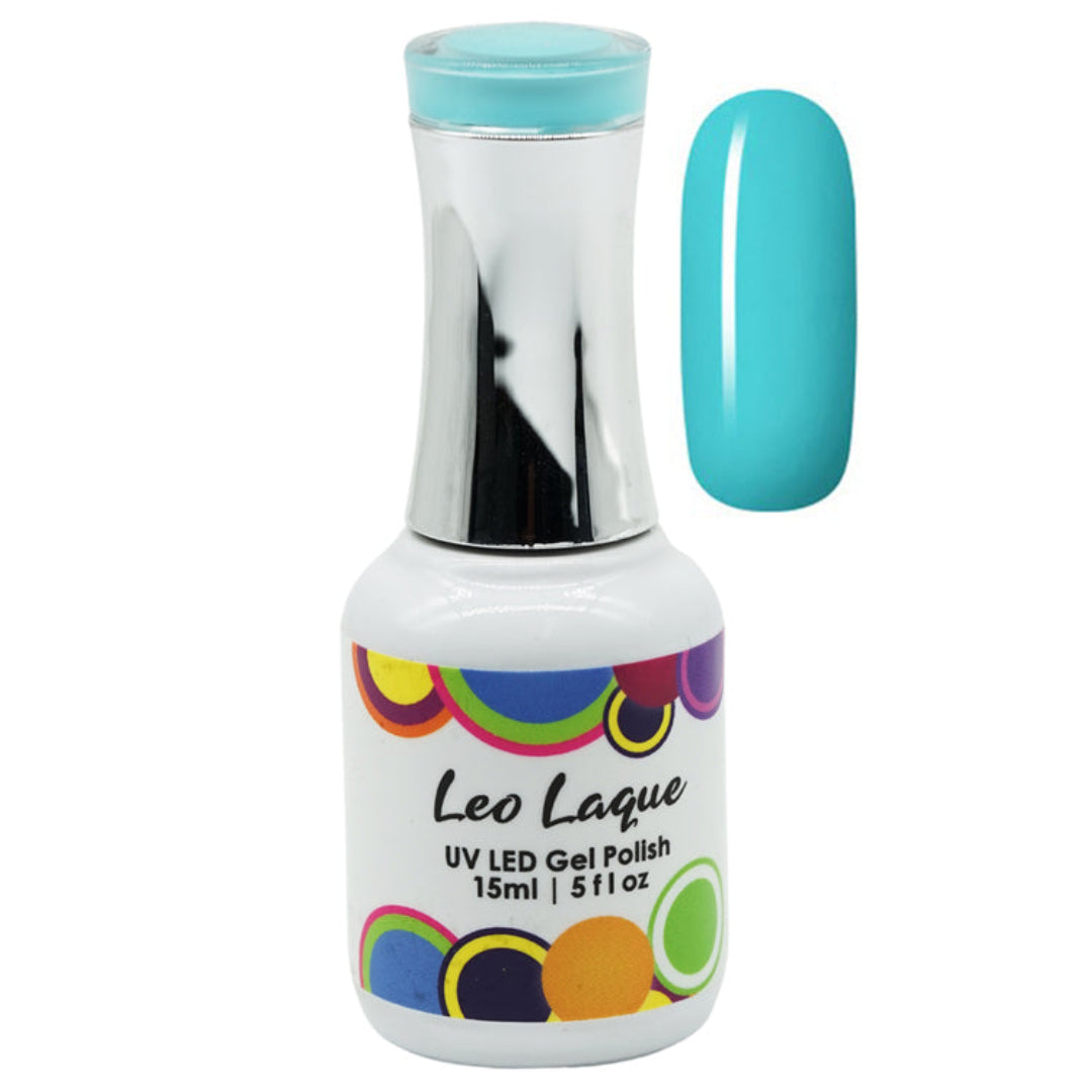 A bottle of Leo Laque UV LED gel nail polish in a bright turquoise blue shade, shown alongside a matching oval nail color swatch on a plain white background.