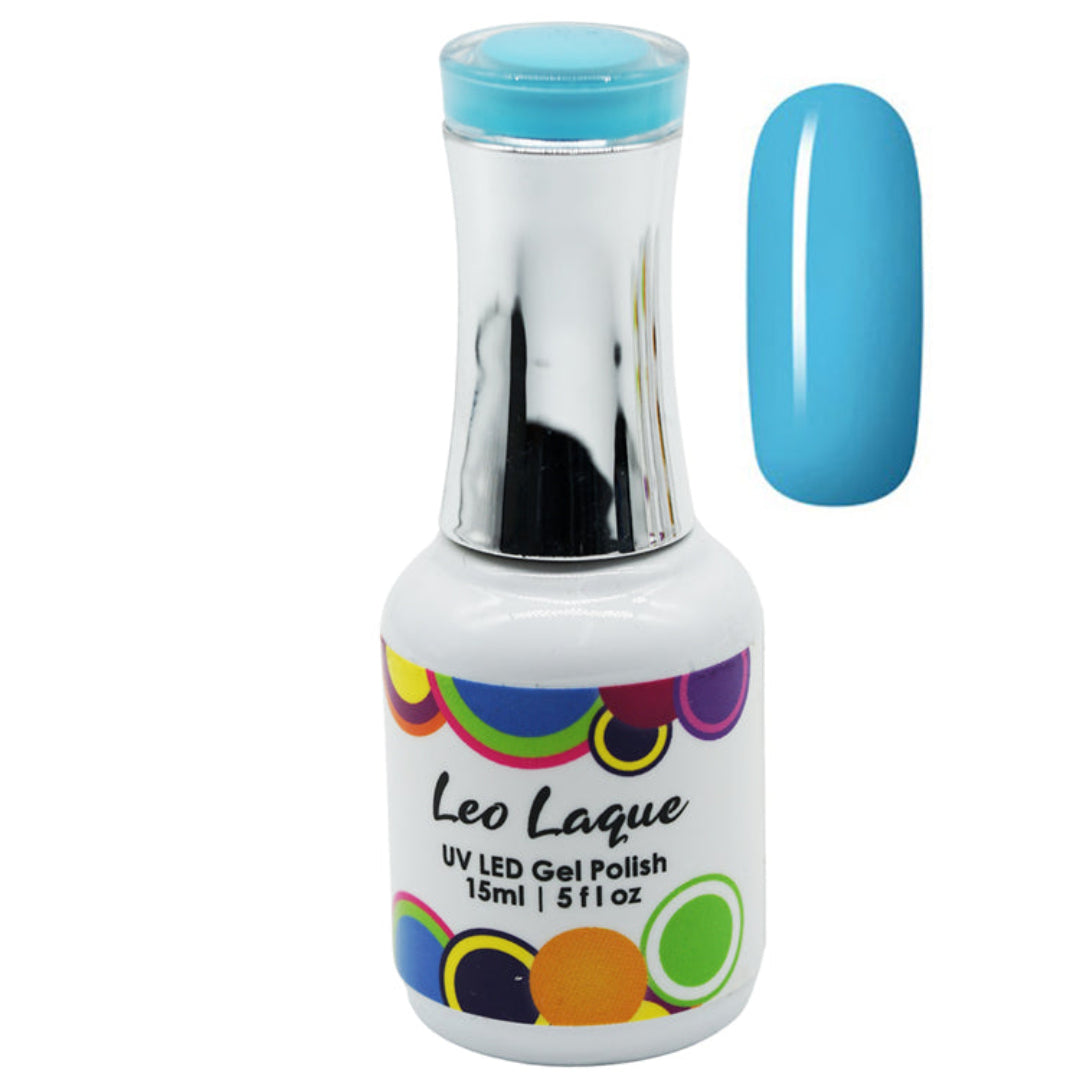 A bottle of Leo Laque UV LED Gel Polish in a bright turquoise blue shade, shown next to a matching nail color swatch on a plain white background.