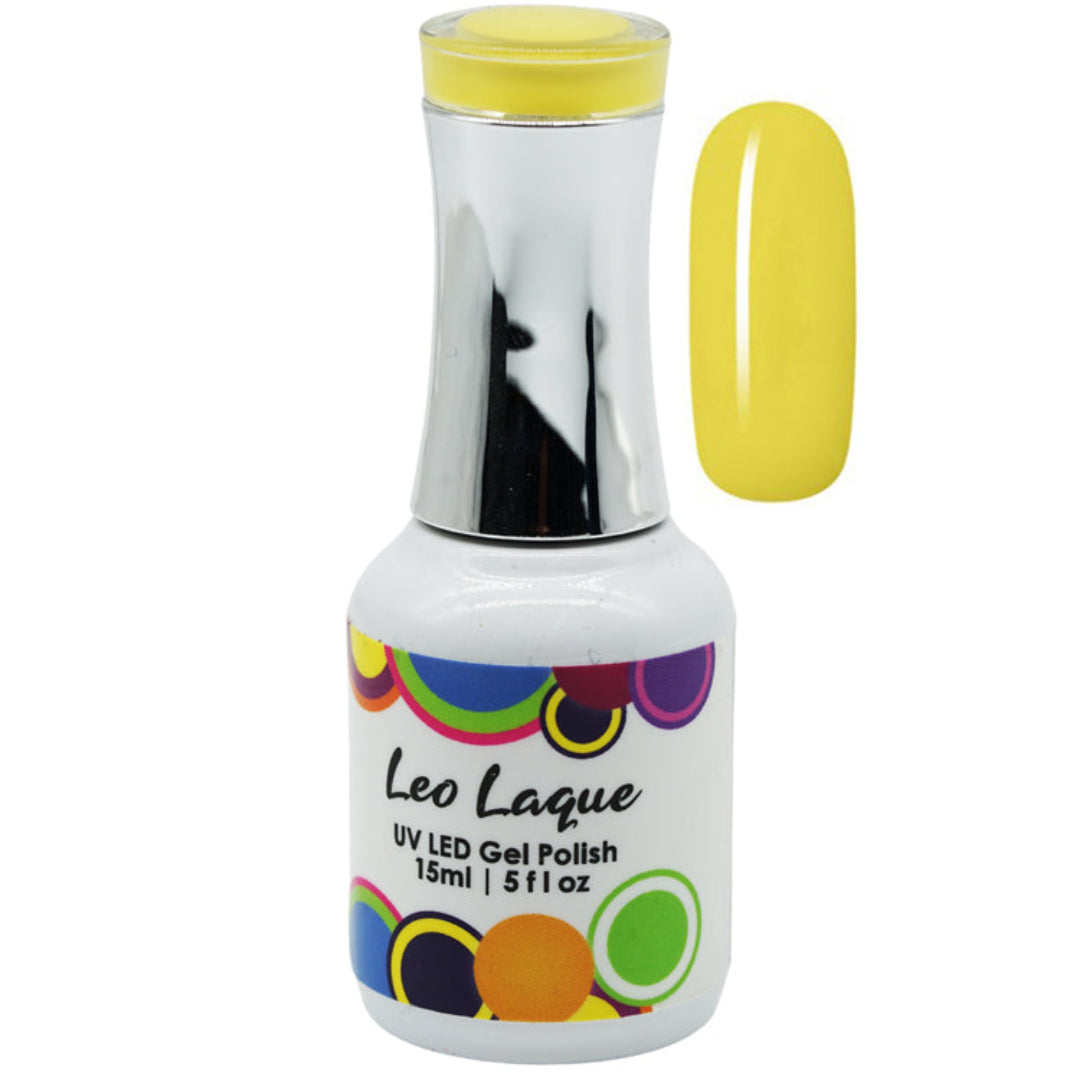 A bottle of Leo Laque UV LED gel polish in a bright yellow shade, shown alongside a matching yellow nail color swatch on a plain white background.