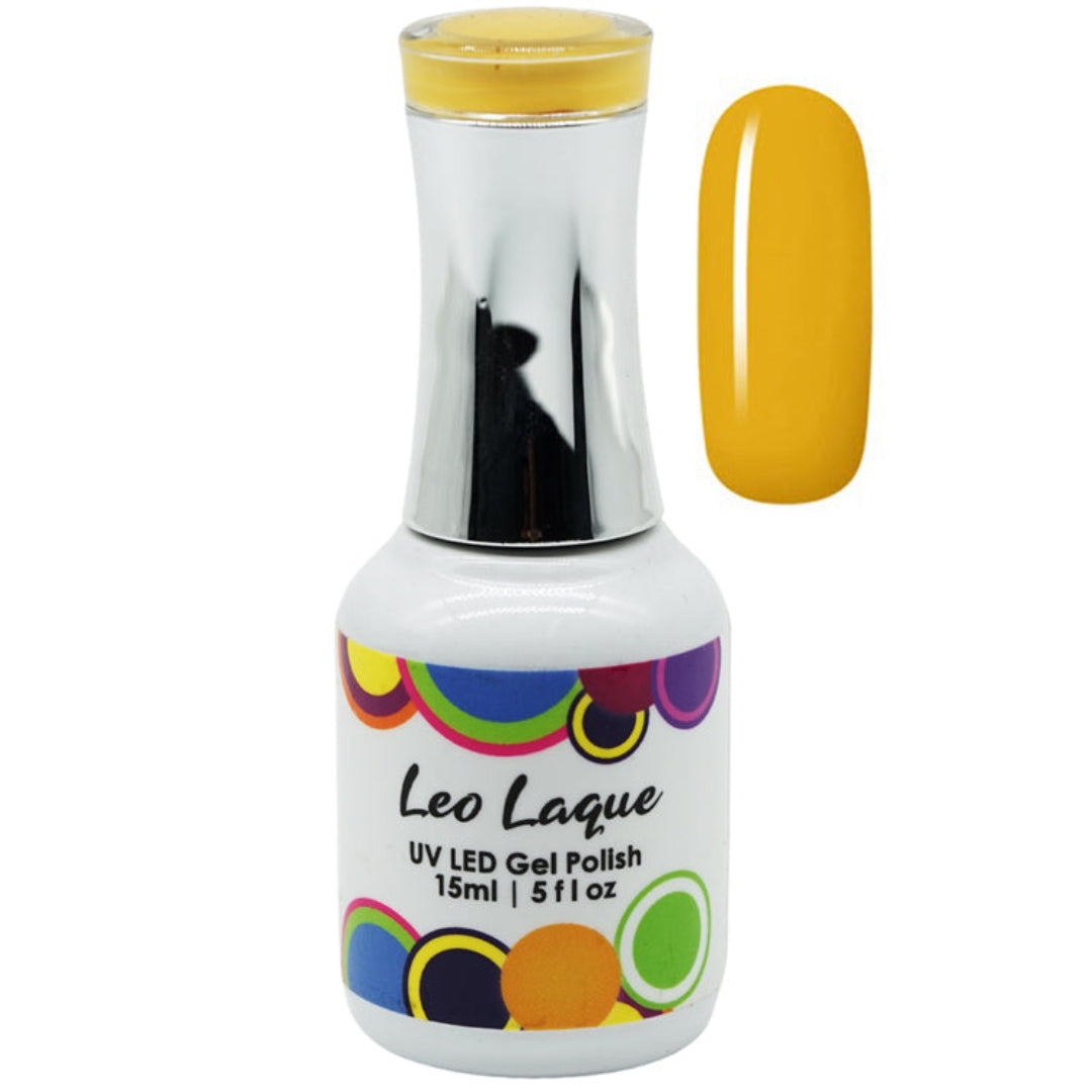 A bottle of Leo Laque UV LED Gel Polish in a bright yellow shade, shown alongside a matching yellow nail swatch on a plain white background.
