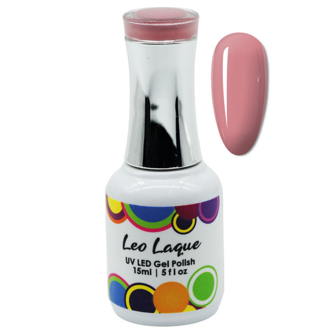 A bottle of Leo Laque UV LED Gel Polish in a dusty pink shade, shown alongside a matching pink nail swatch on a plain white background.