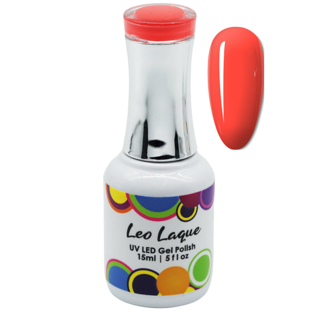 A bottle of Leo Laque UV LED gel polish in a bright coral-red shade, shown alongside a matching nail color swatch on a plain white background.